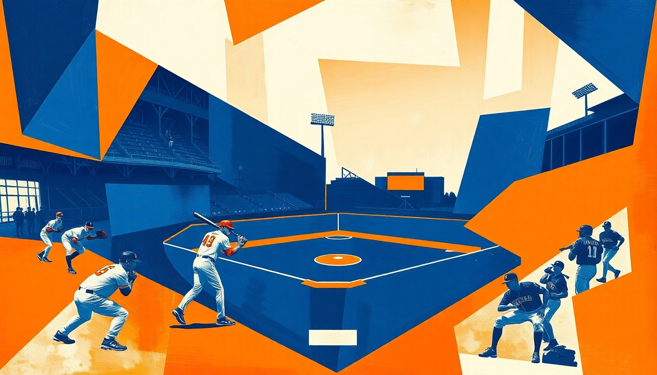 A cubist, geometric painting depicting the action of a college baseball game, with the players and field abstracted into sharp, overlapping shapes in a vibrant color palette, capturing the energy and intensity of the matchup.