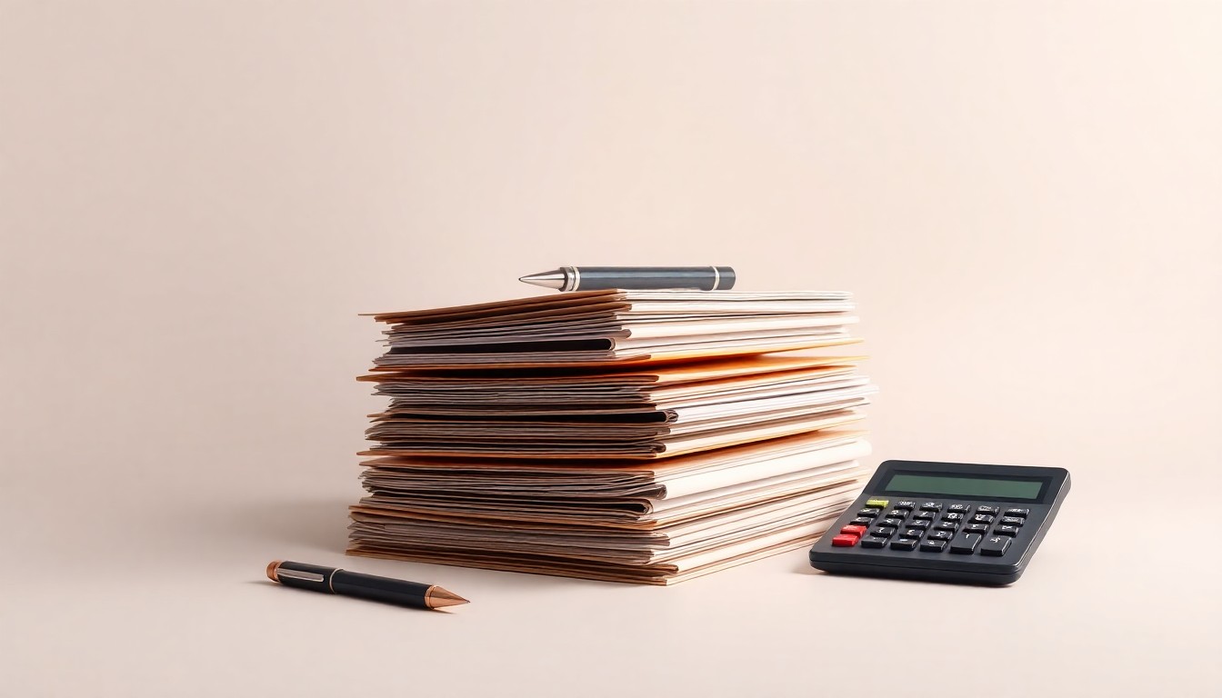 A minimalist studio still life photograph featuring a stack of neatly organized file folders, a pen, and a calculator on a clean, monochromatic background, conceptually representing the financial reporting and corporate strategy behind the self-storage industry.