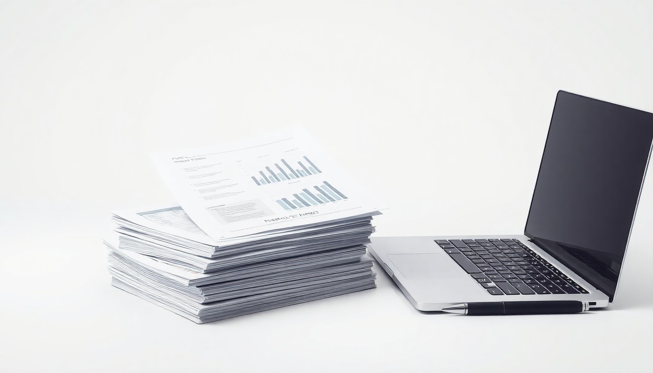 A photorealistic studio still life featuring a stack of financial reports, a laptop, and a pen arranged on a clean, monochromatic background, symbolizing the abstract concepts of corporate strategy and finance.