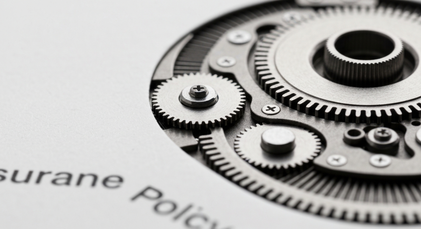A highly detailed macro photograph of the inner workings of an insurance policy document, with gears, cogs, and other mechanical components rendered in sharp focus to convey the complex financial infrastructure powering the insurance industry.