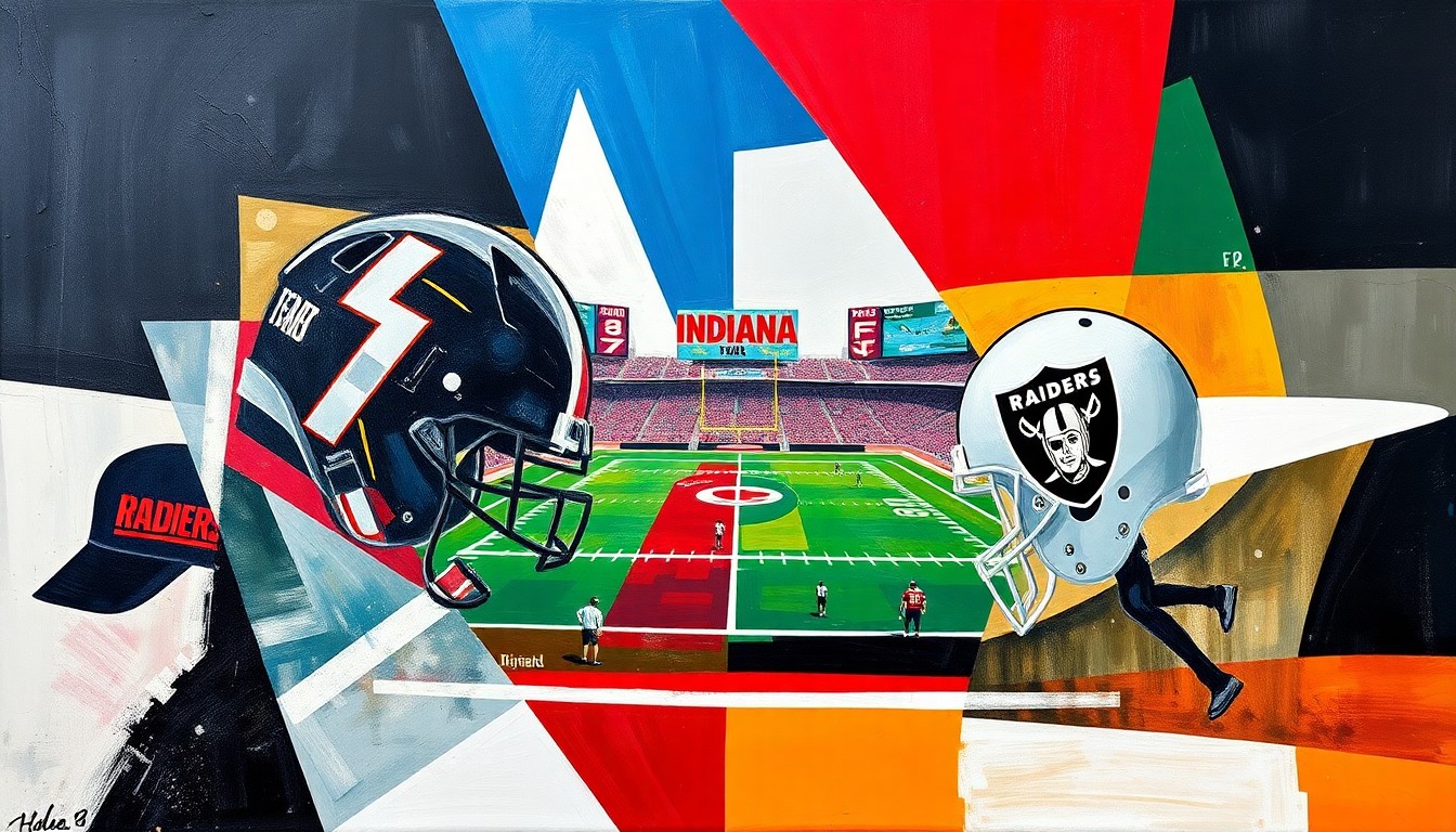 A cubist-style painting featuring overlapping geometric shapes and planes in the colors of the Indiana Hoosiers and Las Vegas Raiders, capturing the dynamic action and energy of a football game.