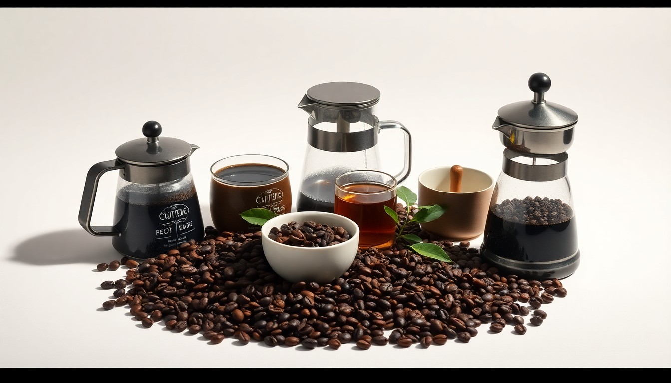 A high-end, photorealistic studio still-life photograph featuring a carefully arranged composition of premium coffee beans, tea leaves, and brewing equipment set against a clean, monochromatic background with dramatic lighting and sharp shadows.