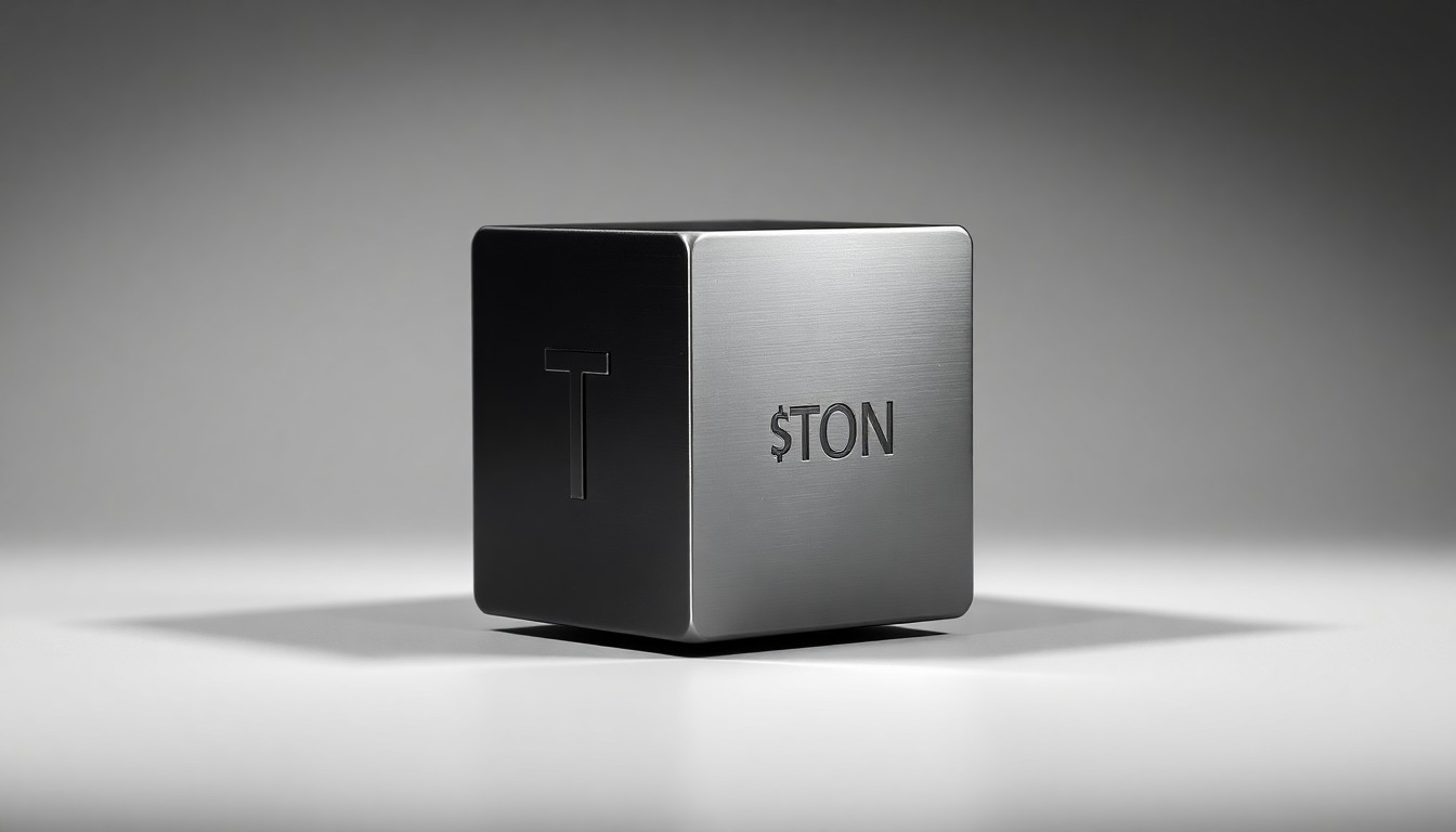 A minimalist, photorealistic studio still life featuring a polished metal cube with a subtle Toncoin logo, floating on a clean grey background and dramatically lit to symbolize the strategic and financial aspects of TON Strategy's digital asset treasury management.