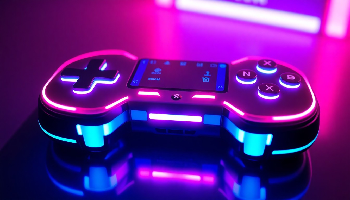 A close-up view of a sleek, glowing gaming device with intricate cybernetic components illuminated by neon lights, conveying the advanced technology and immersive experiences at the heart of Snail Games' expanding portfolio.