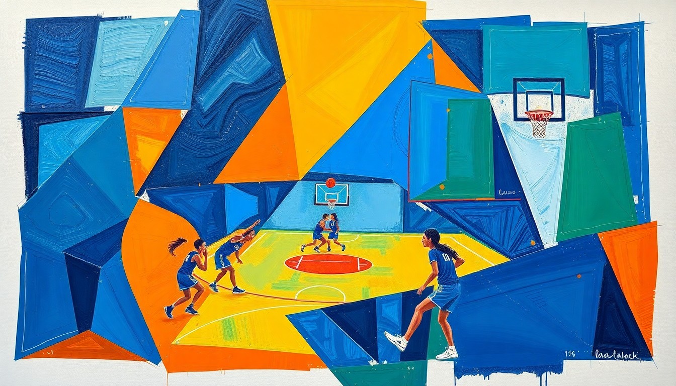 A cubist-style painting featuring overlapping geometric shapes and planes in vibrant colors, representing the dynamic action and energy of a girls' basketball game.