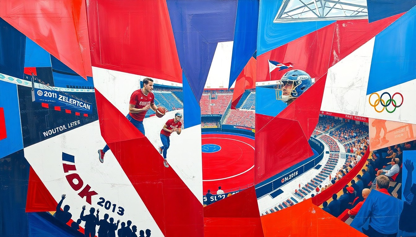A fractured, cubist-style painting depicting an abstract sports competition or Olympic event, with sharp, overlapping geometric shapes in red, white, and blue, conveying the complex issues facing the USOPC as it prepares to host the 2028 and 2034 Games.