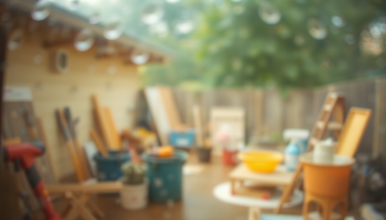An abstract, impressionistic photograph of blurred shapes and muted colors representing outdoor home improvement tools and materials, conveying the hazy, humid atmosphere that can derail projects.
