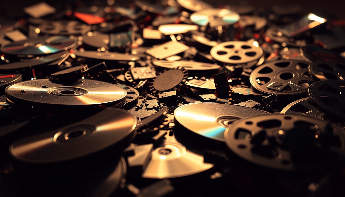 An abstract close-up photograph featuring the shattered, glittering remains of DVD cases and scattered film reels, conveying the fragile beauty of physical media formats.
