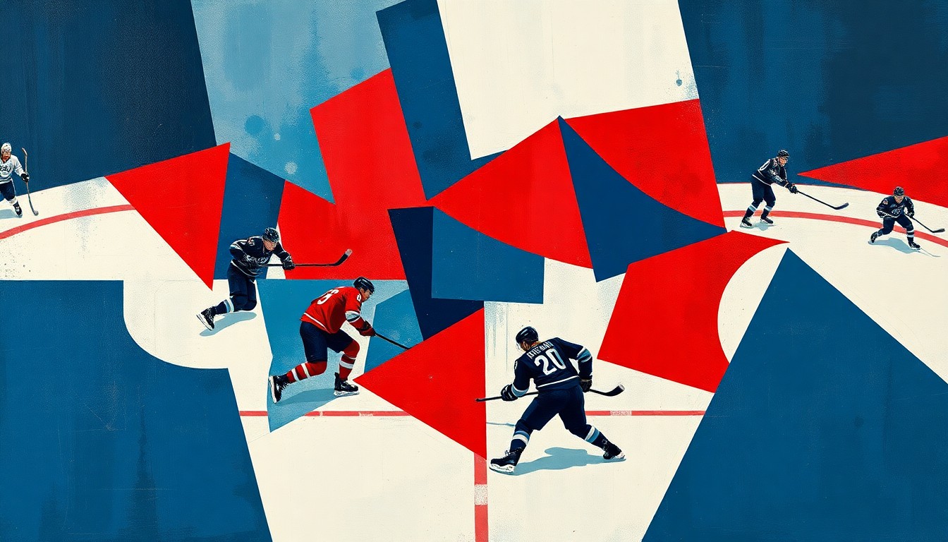 A fractured, geometric painting depicting a hockey game, with sharp planes of navy, crimson, and grey overlapping to create a dynamic, abstract representation of the sport.