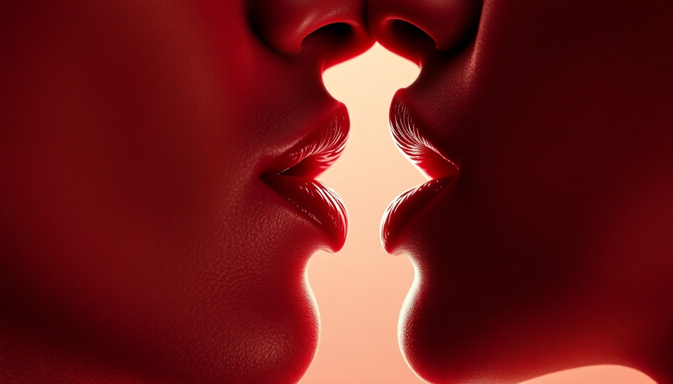 An extreme close-up photograph of two pairs of lips locked in a passionate kiss, the texture of the skin and the glisten of saliva creating a tactile, intimate, and glamorous aesthetic.