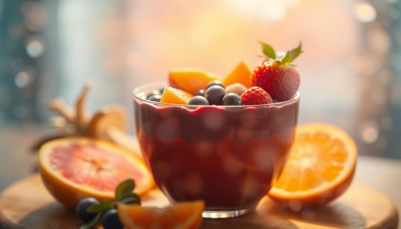 An extremely blurred, impressionistic scene of vibrant acai bowls, fresh fruit, and smoothie ingredients in a warm, hazy glow, conceptually representing the joyful energy of a community celebration.