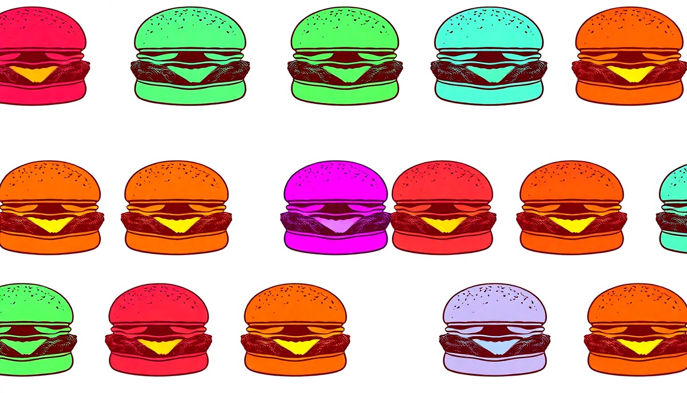 A brightly colored, high-contrast silkscreen-style illustration featuring multiple images of a single, iconic burger from Kuma's Corner, rendered in a bold, abstract pop art style using flat, neon-like colors and heavy black outlines.