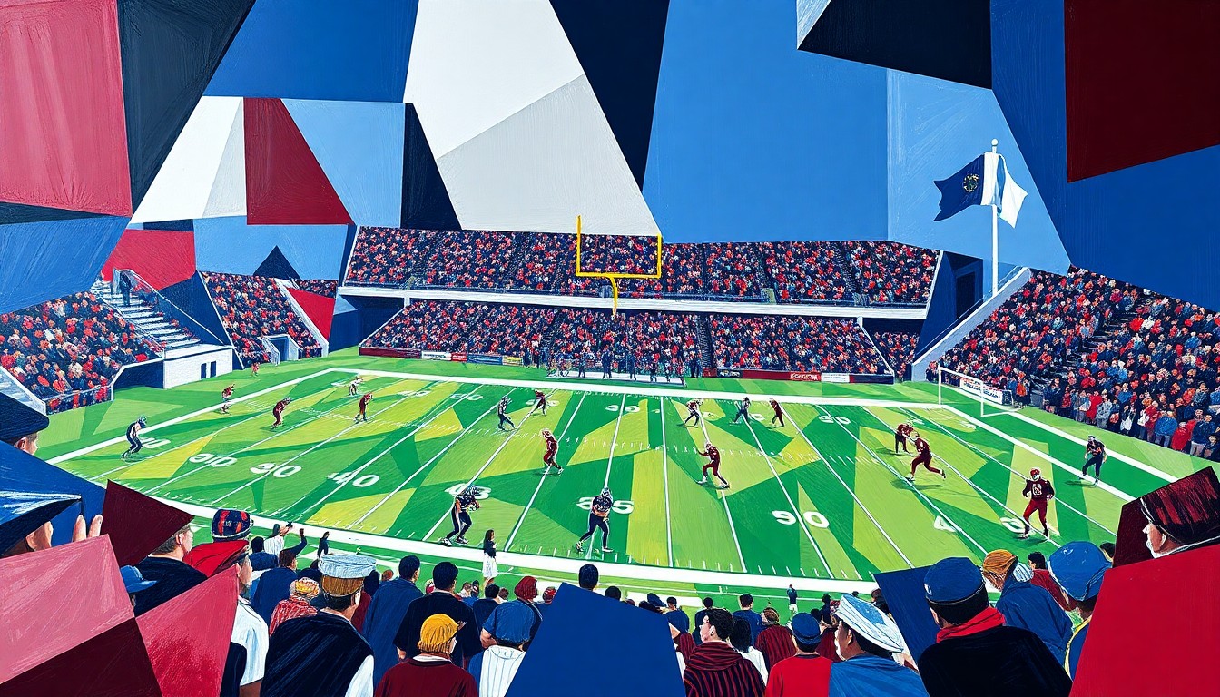 A cubist, geometric painting depicting a high school football game, with sharp, overlapping planes in navy blue, maroon, and white, conceptually representing the transition of leadership in the Loyola Academy football program.