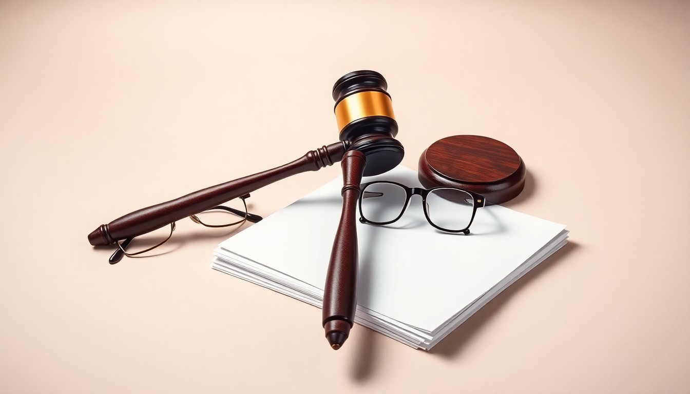 A minimalist studio still-life photograph featuring a stack of legal documents, a gavel, and a pair of reading glasses arranged elegantly on a clean, monochromatic background, conceptually representing the abstract concepts of corporate strategy, finance, and legal risk management.
