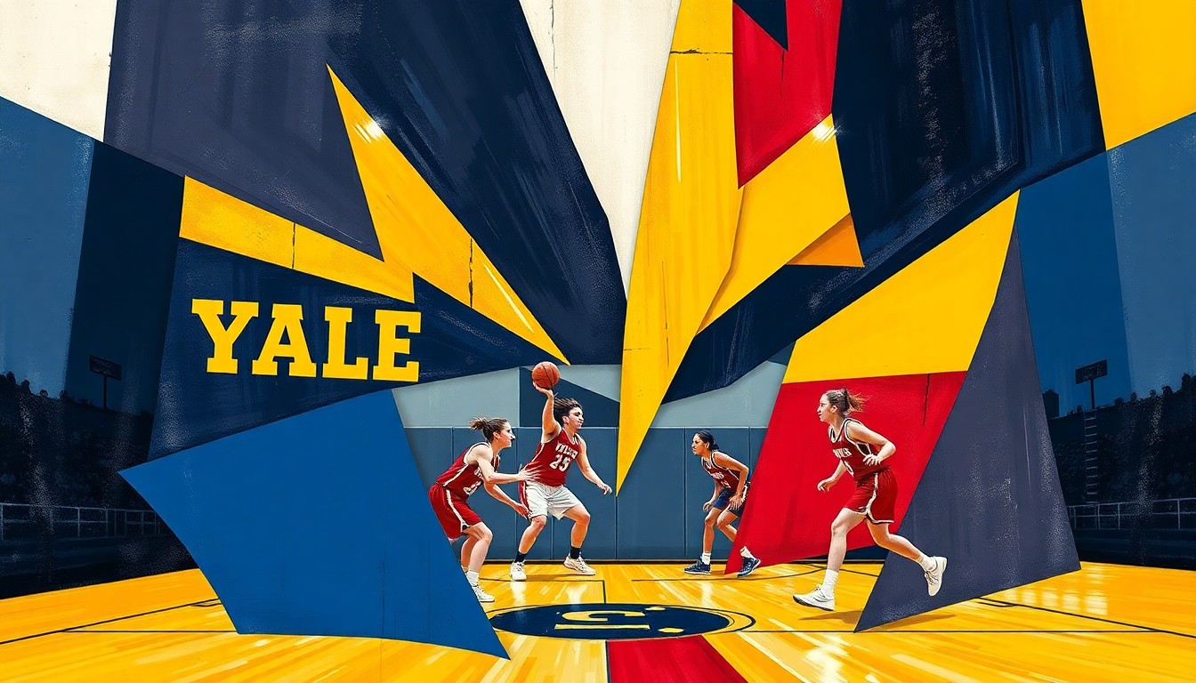 A fractured, multi-perspective painting in vibrant shades of navy blue, gold, red, and white, depicting the dynamic movements and energy of a girls basketball game through sharp, overlapping geometric shapes and planes.