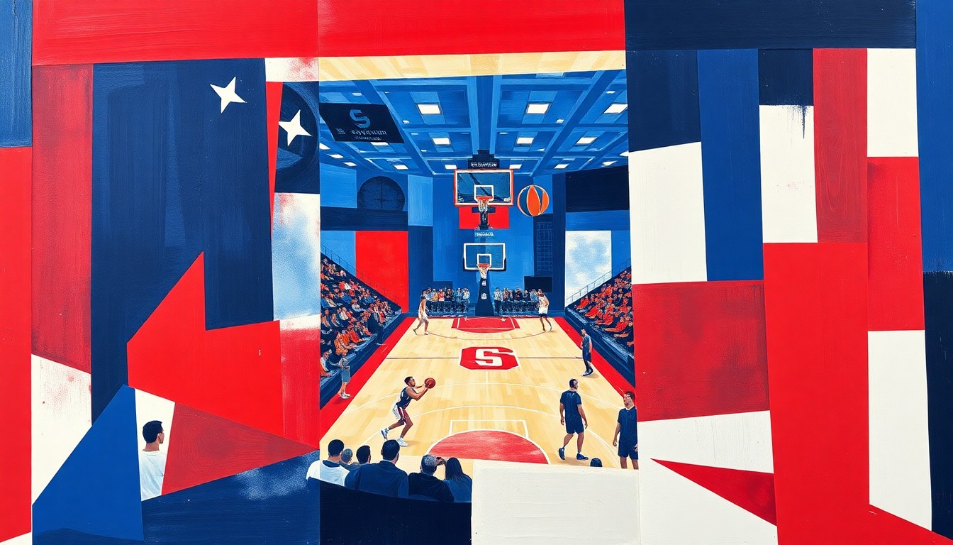A cubist, geometric painting depicting the fragmented movements and perspectives of a college basketball game, using sharp planes of navy, crimson, and white to capture the dynamic energy of the sport.