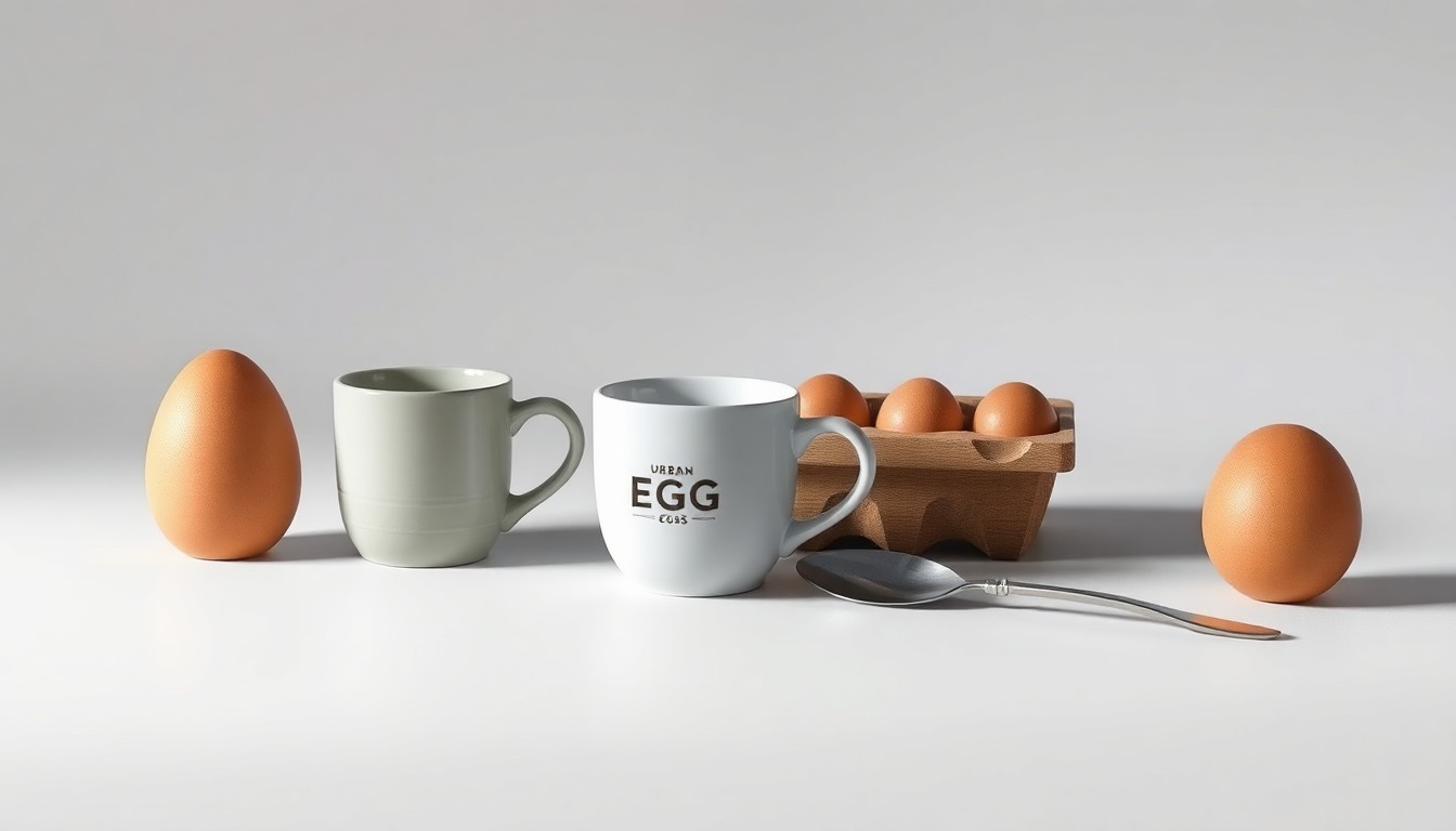 A minimalist studio still life photograph featuring a ceramic coffee mug, a wooden egg carton, and a polished metal spatula, all arranged elegantly against a clean, monochromatic background to convey the refined, polished aesthetic of the Urban EGGsperience program.