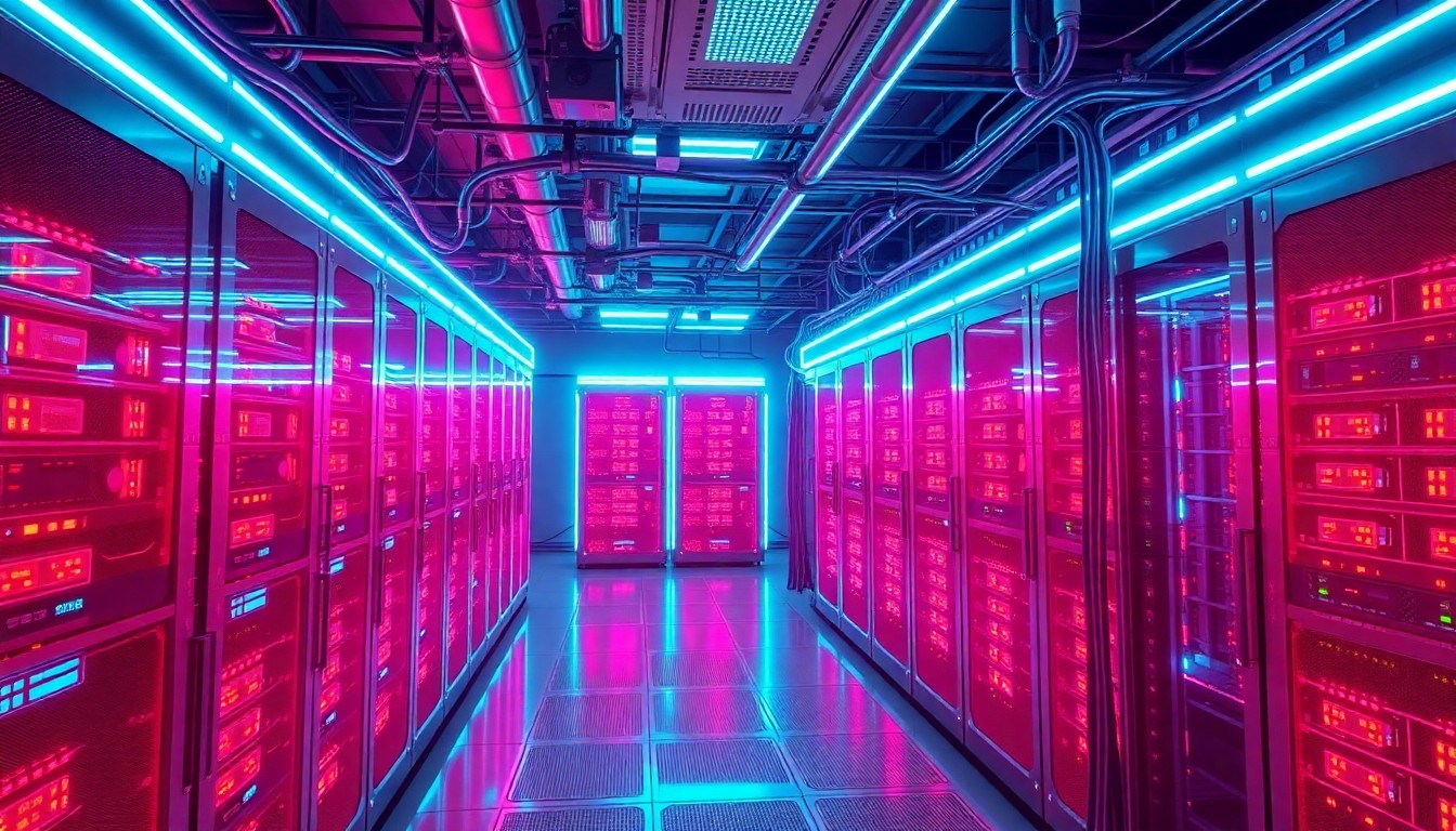 A highly detailed 3D illustration of a glowing, futuristic data center with neon cyan and magenta lights illuminating the servers, cables, and cooling systems, conceptually representing the advanced technology infrastructure powering the digital economy of the Pacific Northwest.
