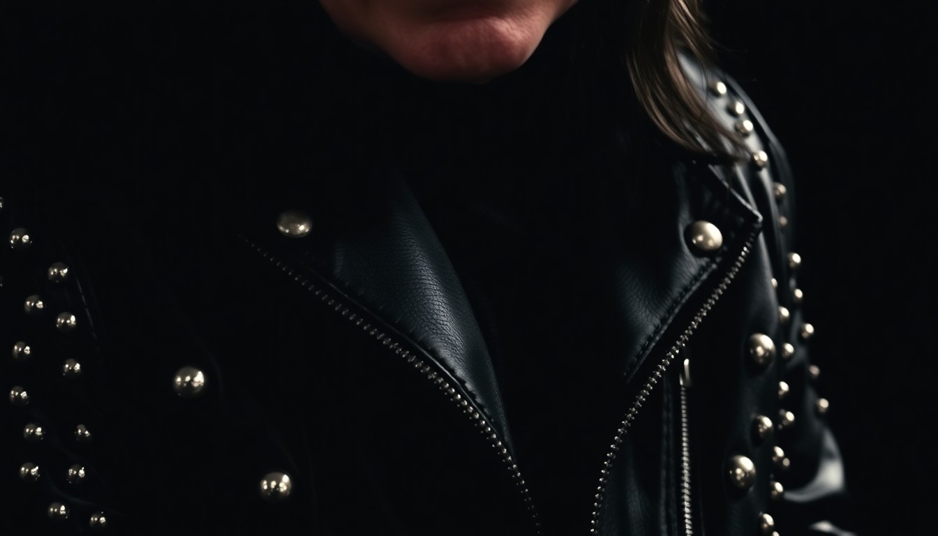 An extreme close-up photograph of Ozzy Osbourne's studded leather jacket, capturing the rugged texture and glittering details in a dramatic, high-contrast studio lighting setup that evokes a sense of rock star glamour and legacy.