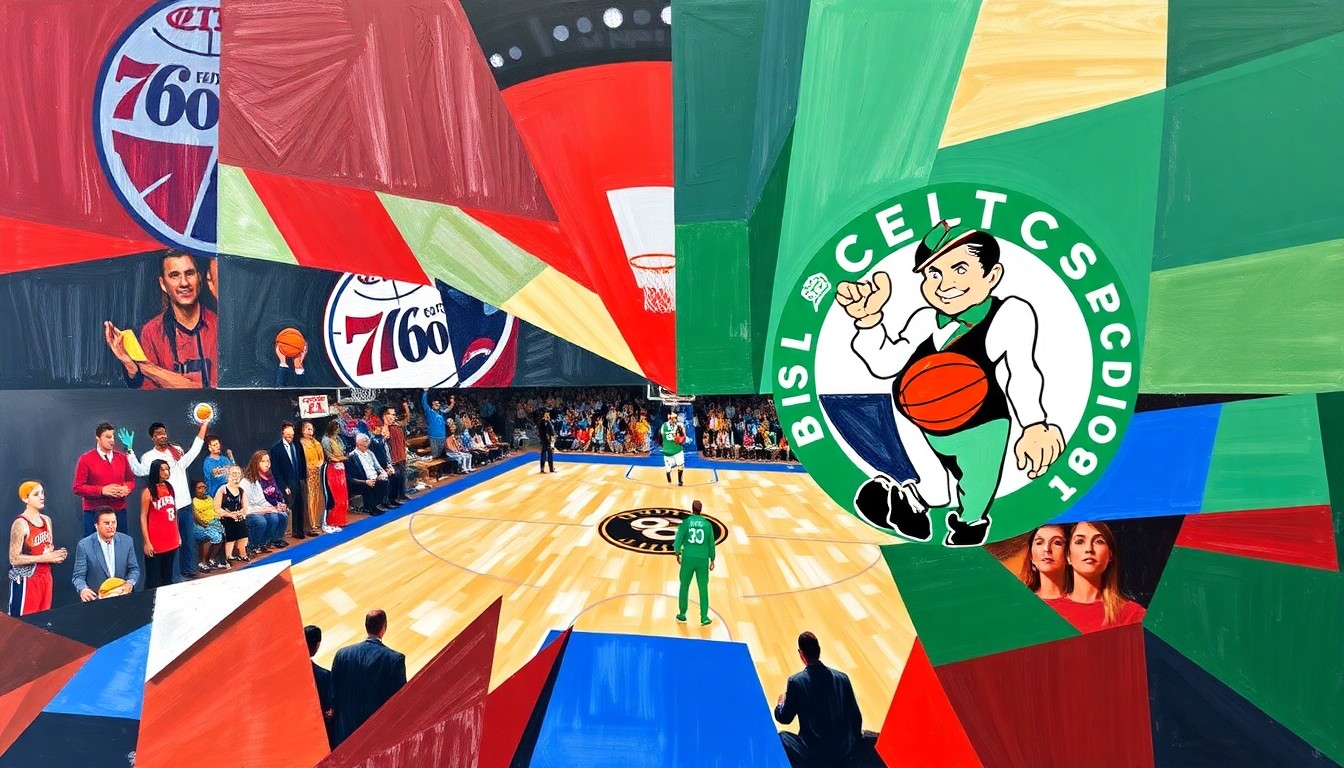 A fractured, cubist-style painting depicting a basketball game between the Philadelphia 76ers and Boston Celtics, with the players and court broken down into sharp, overlapping geometric shapes and planes of vibrant red, blue, white, and green colors.