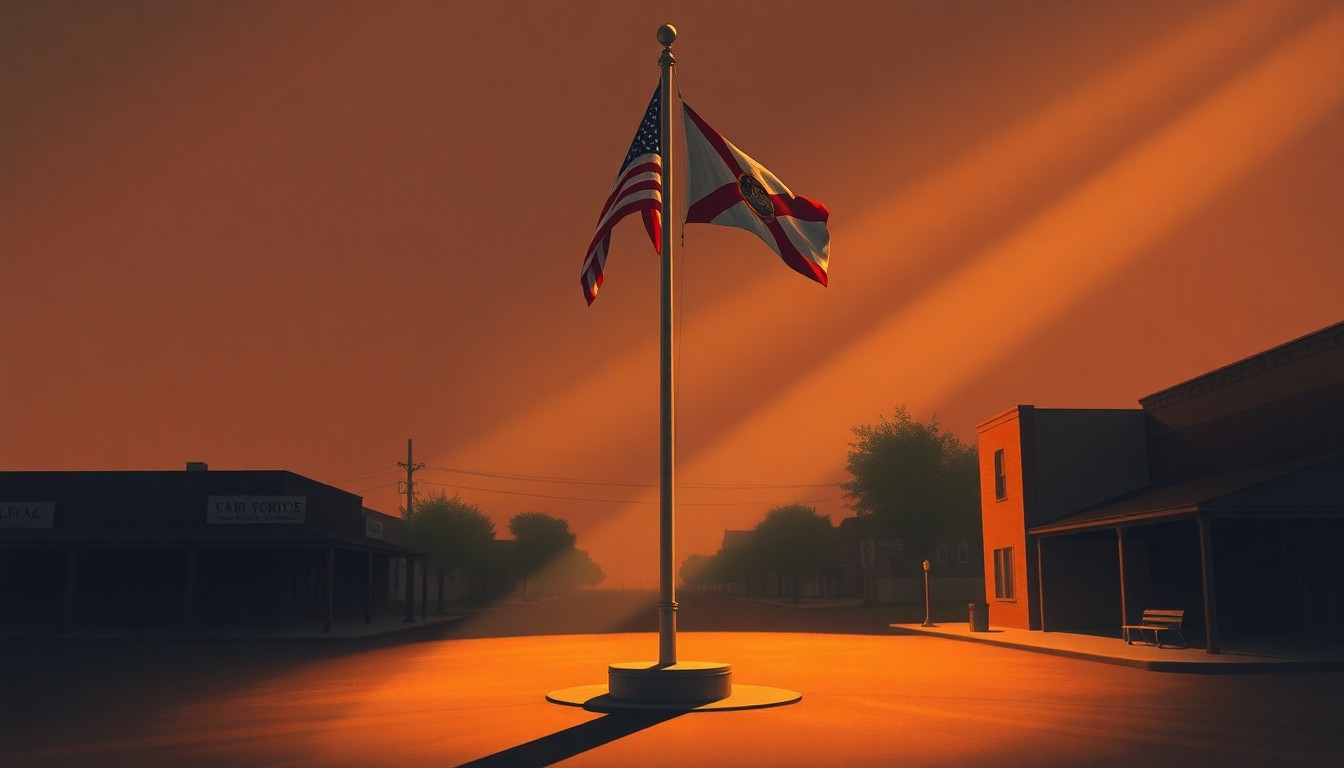 A serene, cinematic painting depicting a solitary flagpole in a small-town public square, with the American and Florida state flags flying at half-staff in the warm, golden light of the afternoon sun, conveying a sense of quiet contemplation and civic mourning.