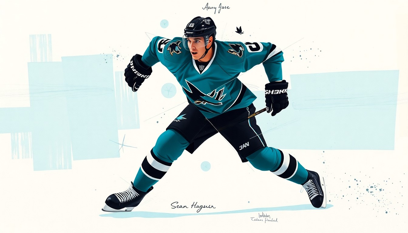 A cubist-style painting depicting a hockey player in mid-stride, with their body and jersey broken down into sharp, overlapping geometric shapes in the Sharks' official teal and black colors, conveying the dynamic energy and movement of the sport.