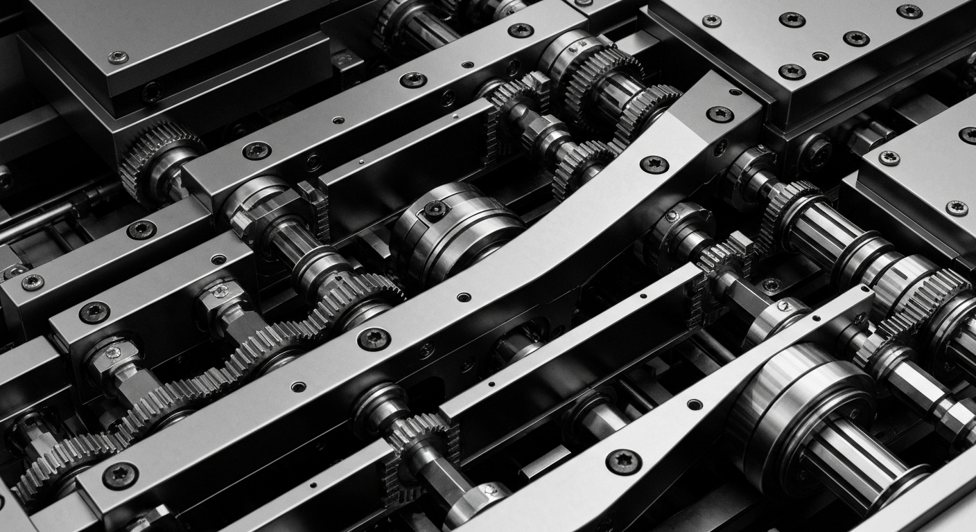 An extreme close-up of the complex, interlocking metal components of an industrial semiconductor fabrication machine, captured in high-contrast black and white photography to convey the power and precision of Lam Research's technology.