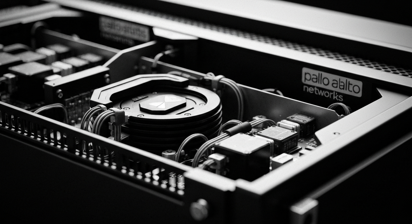 A high-contrast black and white close-up image of the intricate inner components and heavy machinery that make up a Palo Alto Networks cybersecurity appliance, conveying the brand's focus on industrial-strength security technology.