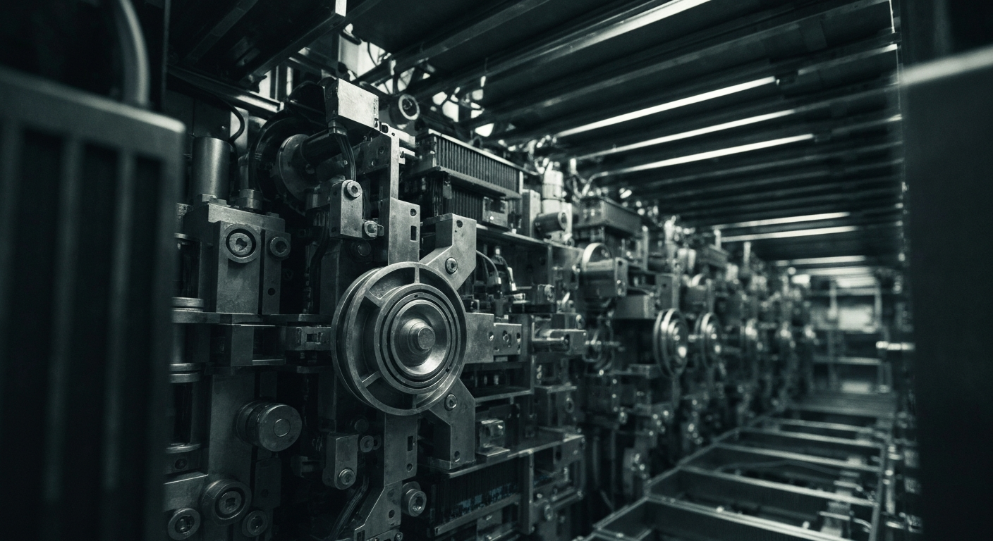 A close-up, cinematic image of the intricate inner workings and machinery of a modern banking institution, captured in high-contrast black and white. The image conveys a sense of the power, security, and scale of the financial industry without using any literal currency or charts.