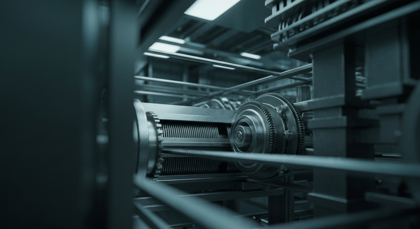 An extreme close-up of the gears, circuits, and metal components of a large banking or financial institution, conveying a sense of the intricate systems that support a major corporation like Johnson & Johnson.