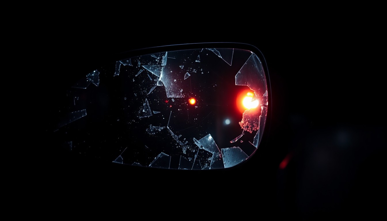 An extreme close-up photograph of a shattered car side mirror reflecting the faint glow of taillights, captured with a harsh, direct camera flash against a pitch-black background, conceptually representing the aftermath of a serious car accident.