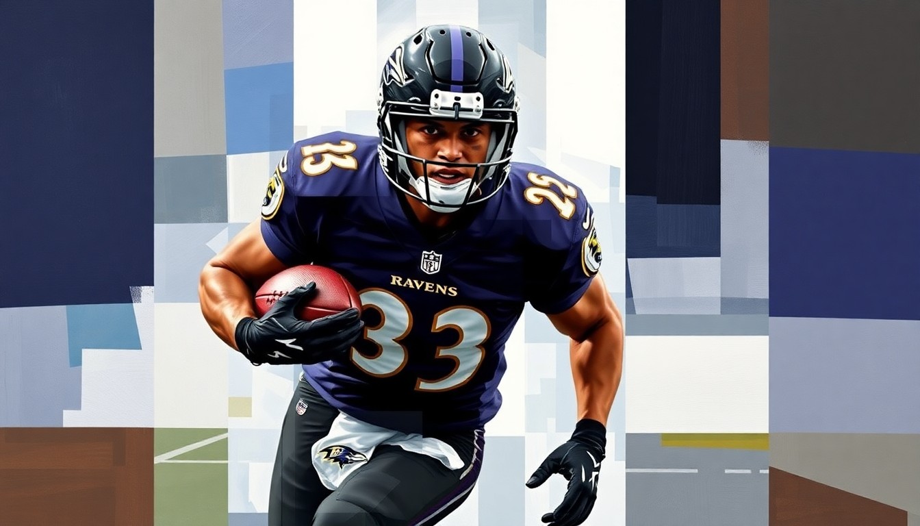 A cubist-style painting depicting a football player in mid-motion, with their jersey showing the Ravens' logo but their face and identity obscured by the fragmented, geometric composition.