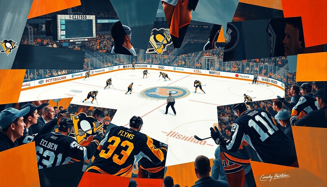 A fractured, multi-perspective painting depicting a hockey game between two teams, with the players and action broken down into sharp, overlapping geometric shapes and planes in a cubist style.