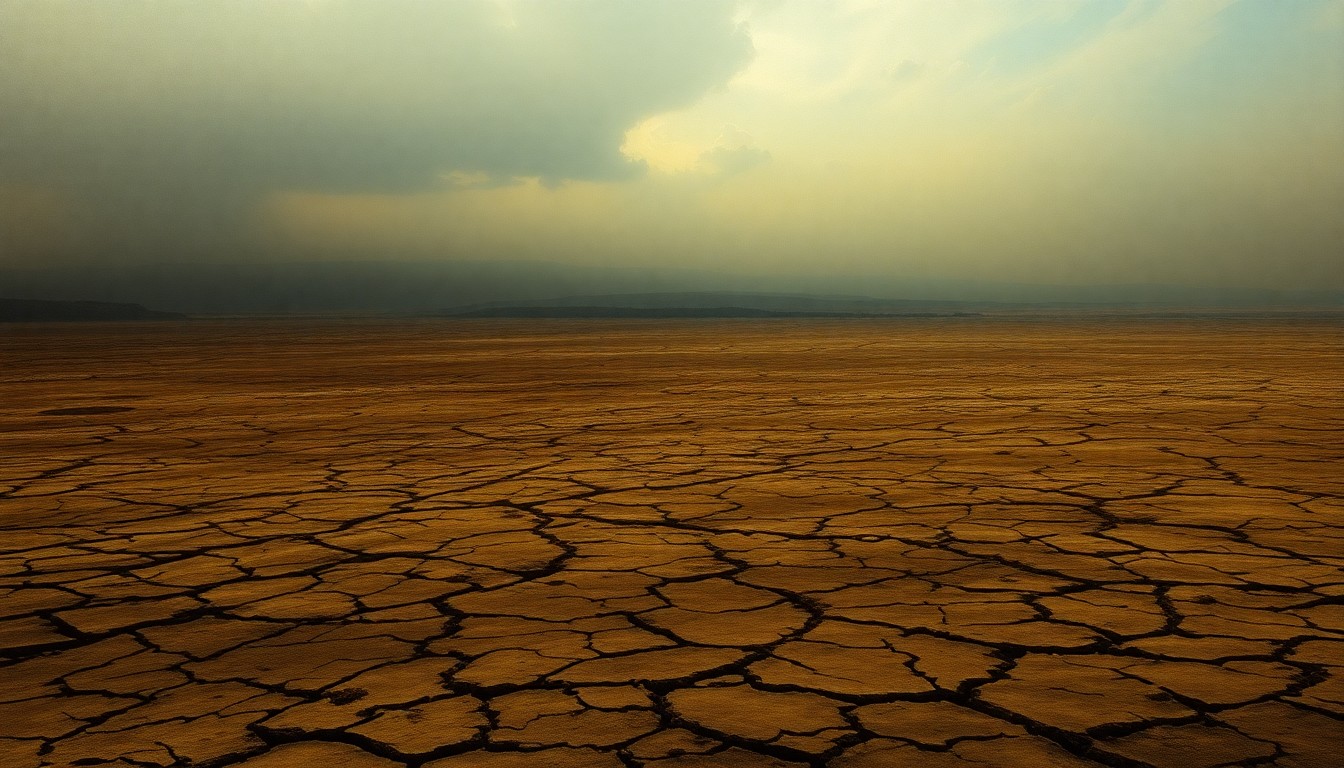 A sweeping, atmospheric landscape painting in muted earth tones, depicting a vast, cracked and parched landscape under a hazy, oppressive sky, conveying the overwhelming scale and impact of the drought.