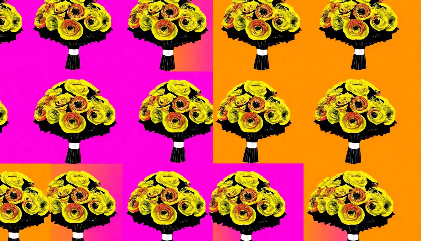 A vibrant, high-contrast silkscreen print of a wedding bouquet repeated in a grid pattern, capturing the joyful energy of a community-led celebration.