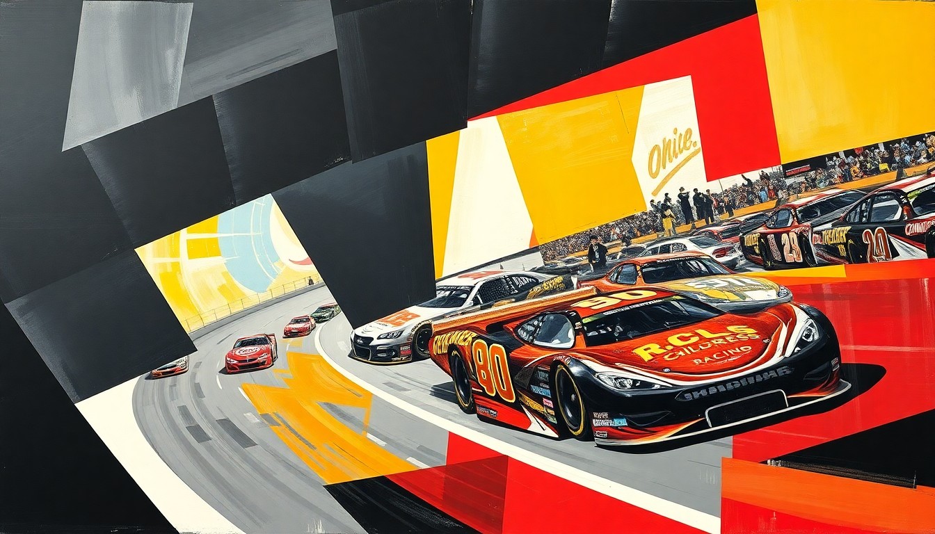 A fragmented, geometric painting depicting NASCAR race cars in the colors of Richard Childress Racing, with the vehicles and drivers broken down into sharp, overlapping shapes and planes, conveying the technical challenges the team is working to overcome.
