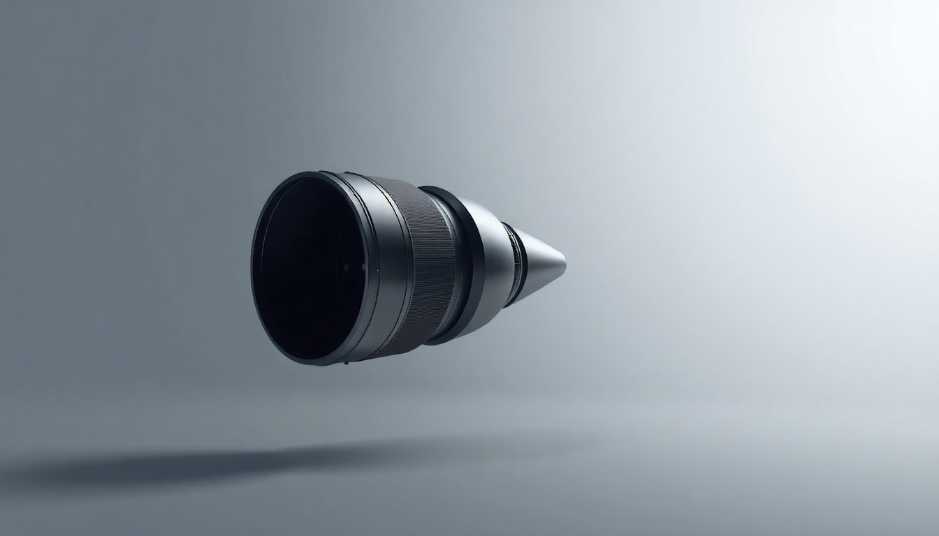A photorealistic studio still-life image of a metallic rocket engine component floating on a clean, monochromatic background, using dramatic lighting and deep shadows to conceptually represent Rocket Lab's advanced aerospace engineering.