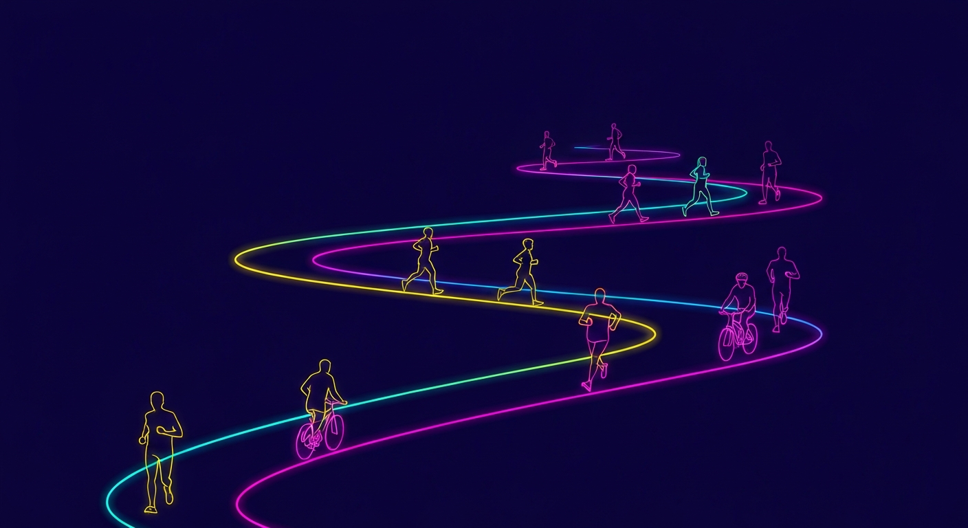 A conceptual illustration featuring glowing neon outlines of people walking, running, and biking on a winding trail path, conveying the energy and connectivity of the new public wellness infrastructure.