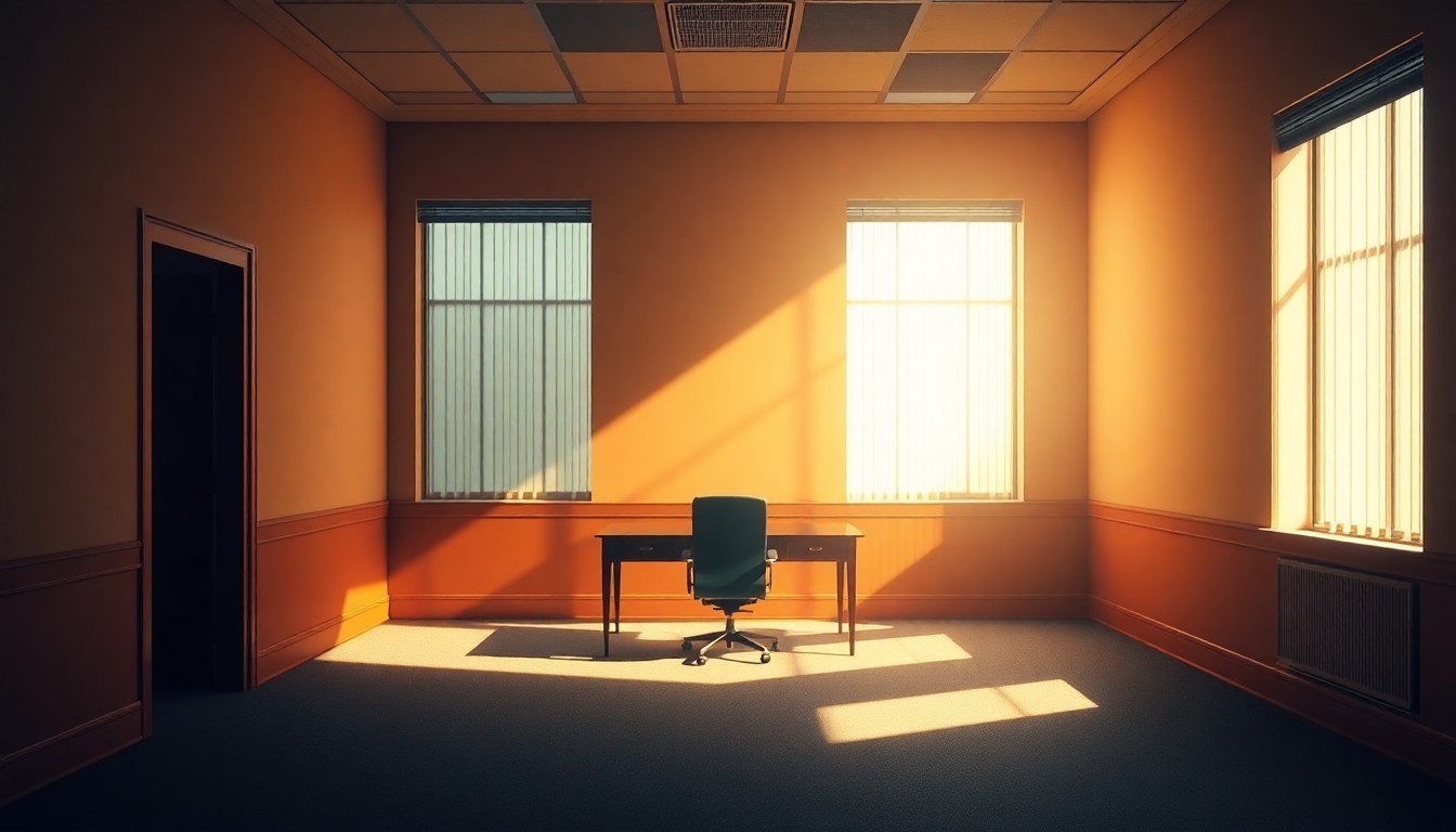 A dimly lit, cinematic painting of an empty government office space, with a lone chair and desk as the only visible objects, conveying a sense of melancholy and the aftermath of political misconduct.