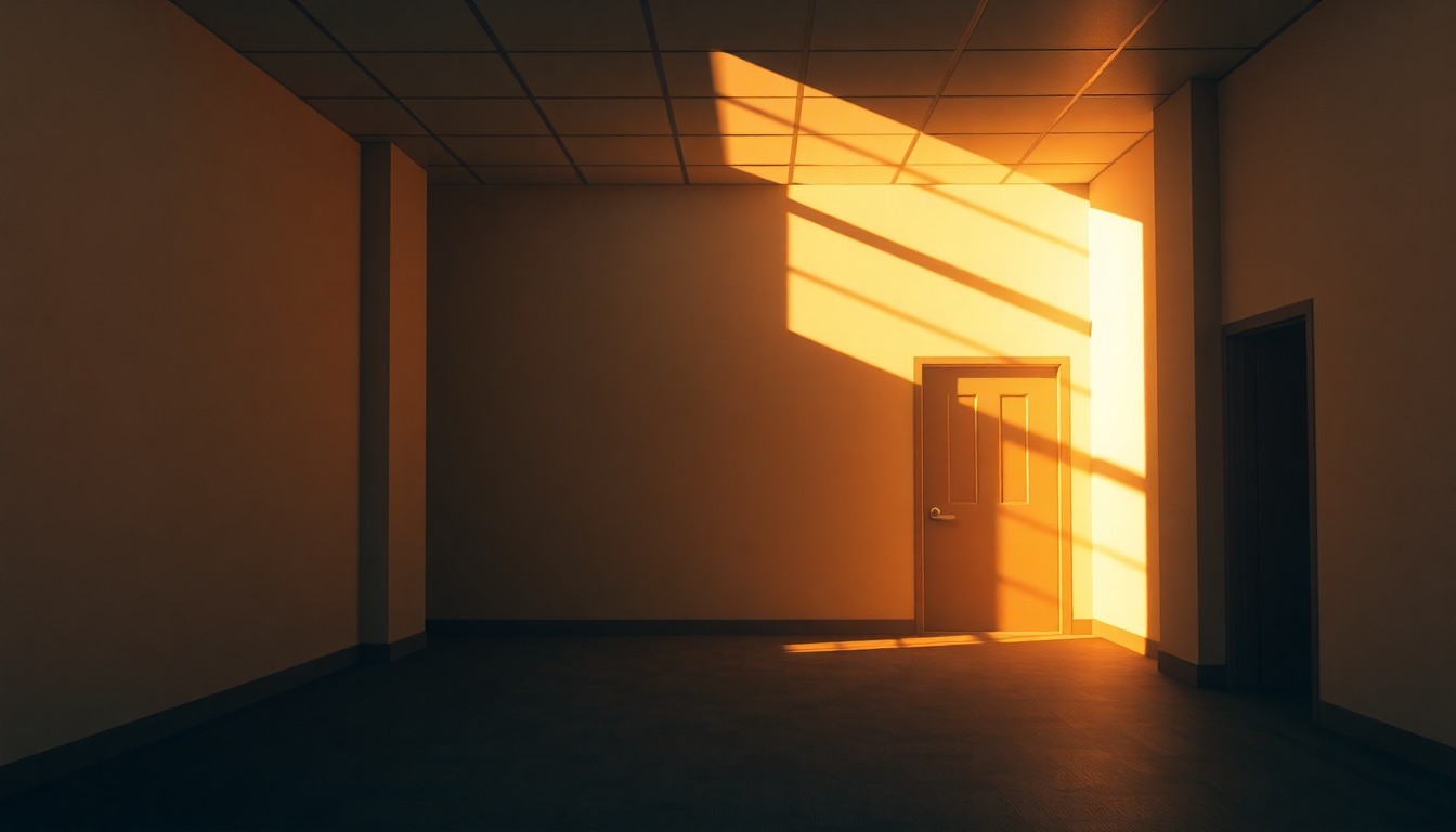 A dimly lit, cinematic painting of an empty government office space, with warm sunlight streaming through the windows and deep shadows cast across the desks and chairs, conveying a sense of bureaucratic neglect and inertia.