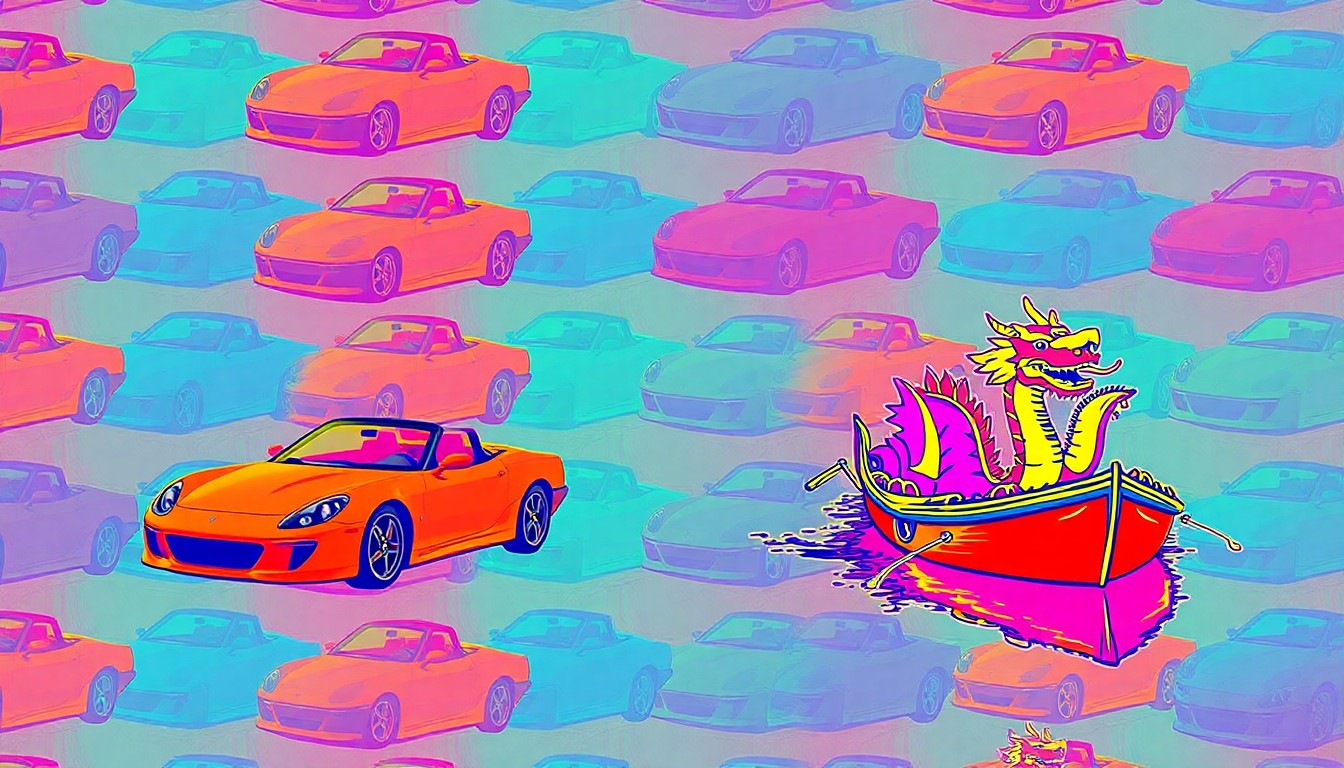 A bold, colorful silkscreen print featuring repeated images of a sports car, motorboat, and dragon boat in a grid pattern, conceptually representing the variety of activities taking place in Sarasota this weekend.