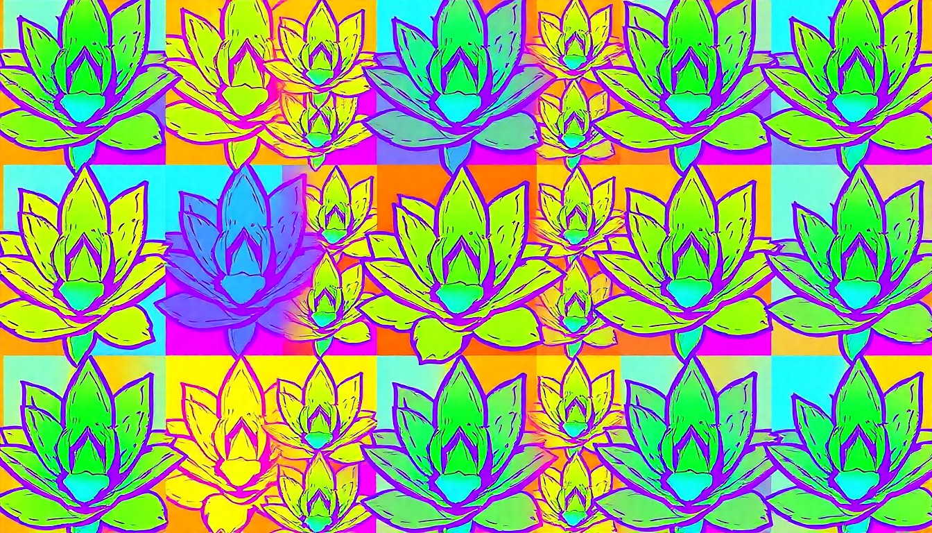 A brightly colored, high-contrast silkscreen print of a single, iconic succulent plant repeated in a tight grid pattern, utilizing flat, vibrant neon color palettes and heavy black outlines to transform an everyday garden object into modern pop art.