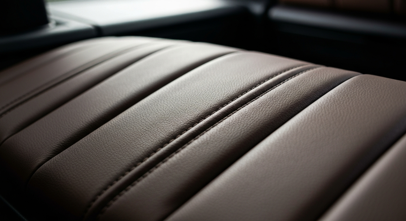 An extreme close-up of the rich, textured leather interior of a luxury car dashboard, capturing the high-end materials and craftsmanship that define the auto industry.