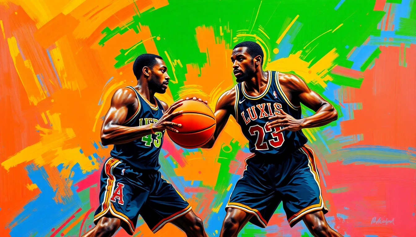 An abstract, energetic painting featuring bold, neon-colored brushstrokes that capture the fluid movements and intense focus of two basketball players engaged in an intense training session.