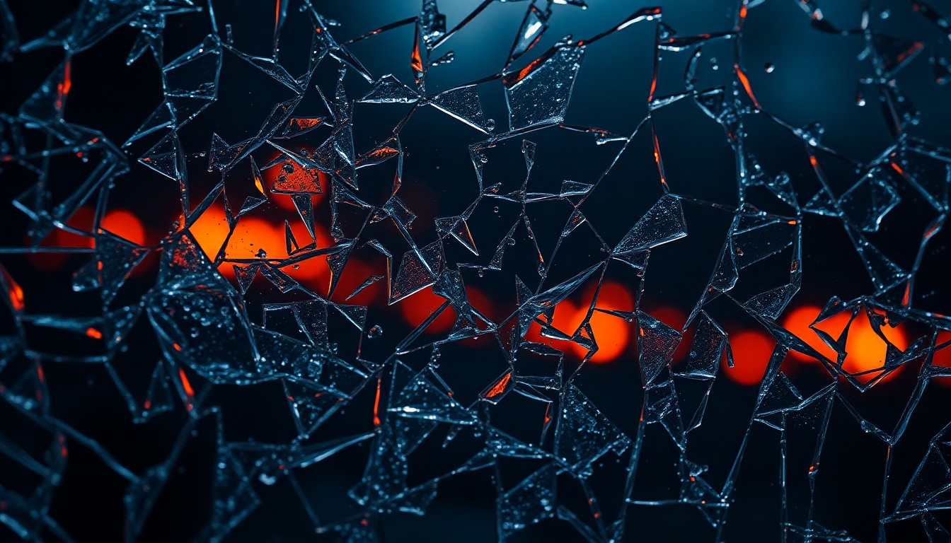 An abstract close-up image of shattered glass reflecting an orange glow, conceptually representing the devastation of the Palisades fires.
