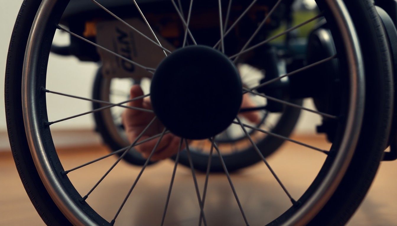 An extreme close-up photograph of a wheelchair wheel hub with a faint reflection of a hand, conceptually representing the alleged assault on a paraplegic man by a former police chief.