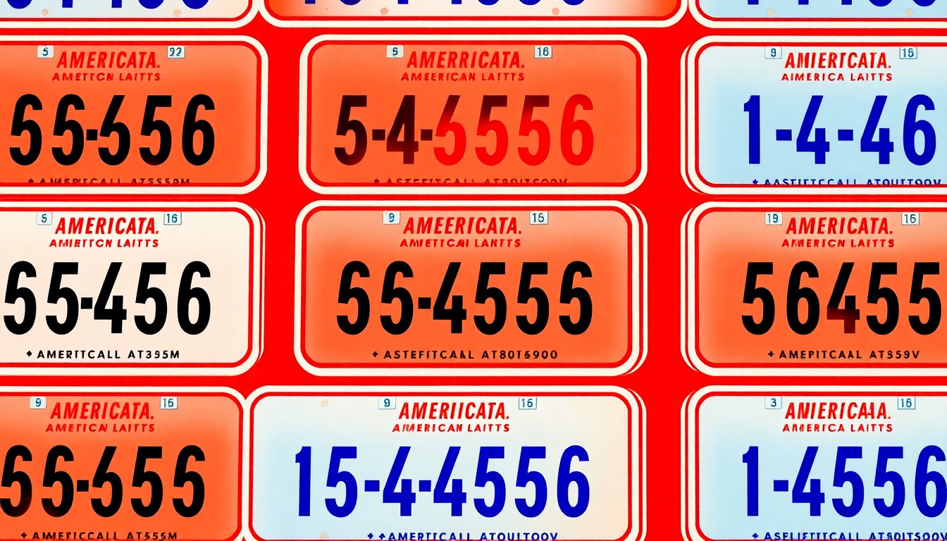 A highly stylized, abstract illustration of an American license plate design in bold, neon red, white, and blue colors, repeated in a grid pattern to create a modern pop art aesthetic.