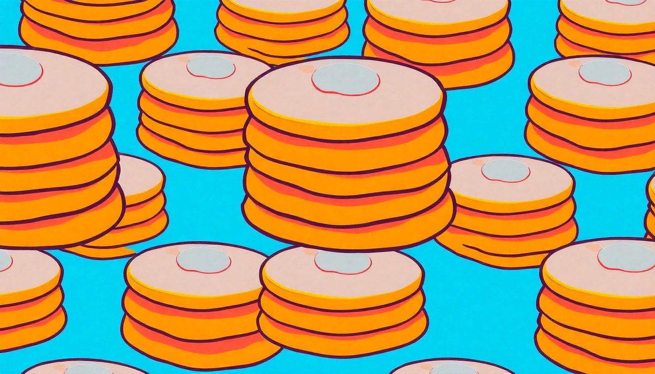 A bold, colorful silkscreen-style illustration featuring a repeating pattern of stacks of pancakes in bright neon shades, conceptually representing the Kiwanis Club's iconic annual fundraising event.