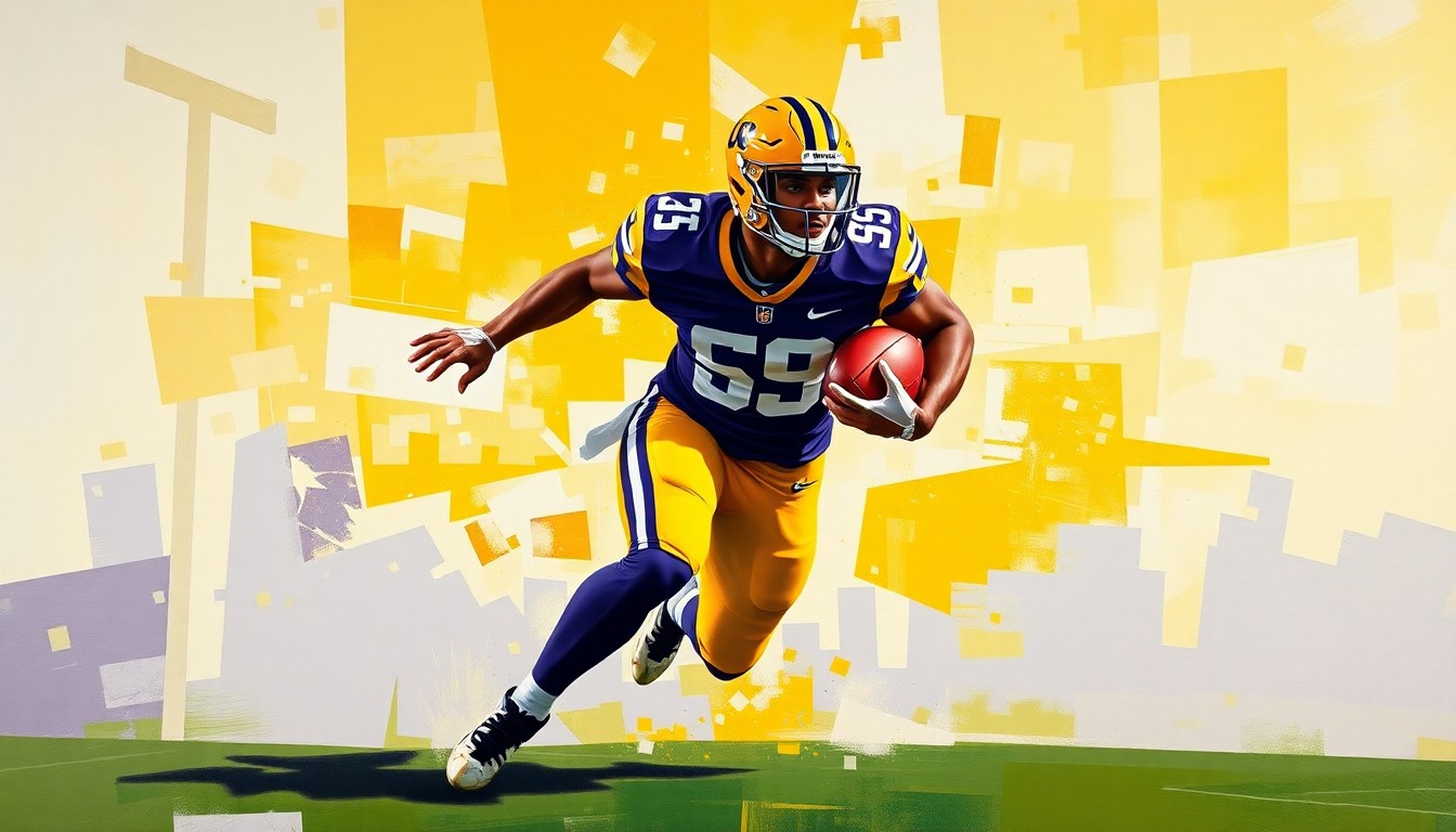 A fragmented, geometric painting depicting the dynamic movements of a college football running back, with sharp planes of LSU purple and gold.