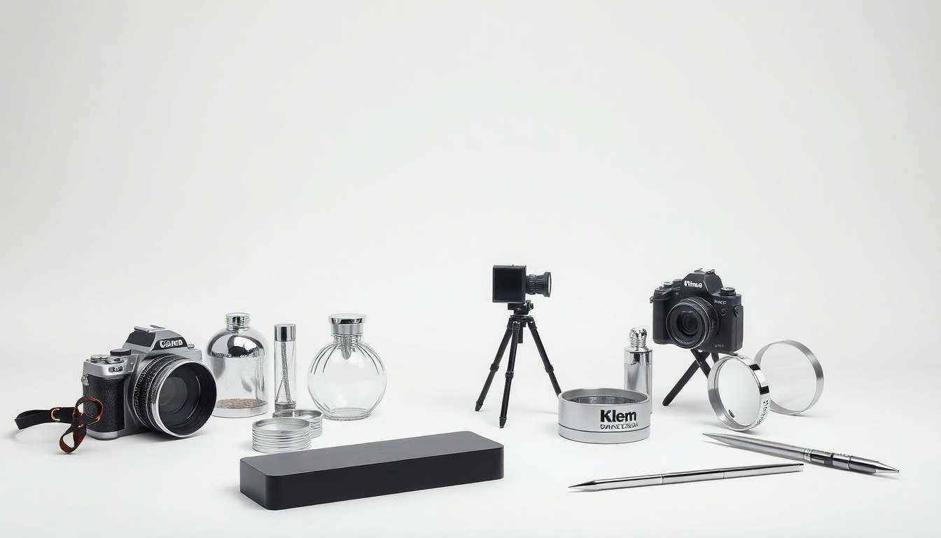 A high-end studio still life photograph featuring a collection of shiny, geometric objects arranged elegantly on a plain white background, conceptually representing the abstract ideas of film production, economic development, and community partnerships.